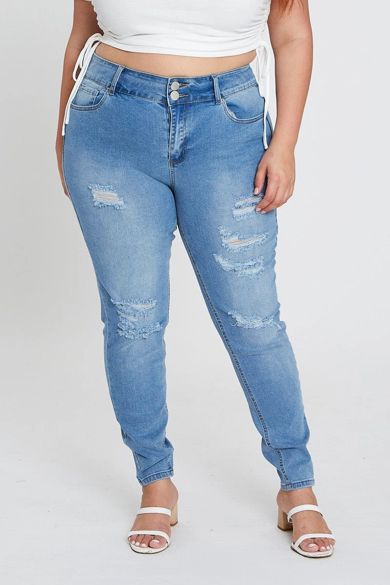 Modern Weekend Style Steel Blue Denim Jean High Rise Distressed Skinny