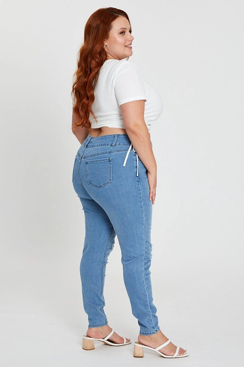 Easy Fit Design Anti Odor Fabric Treatment Steel Blue Denim Jean High Rise Distressed Skinny