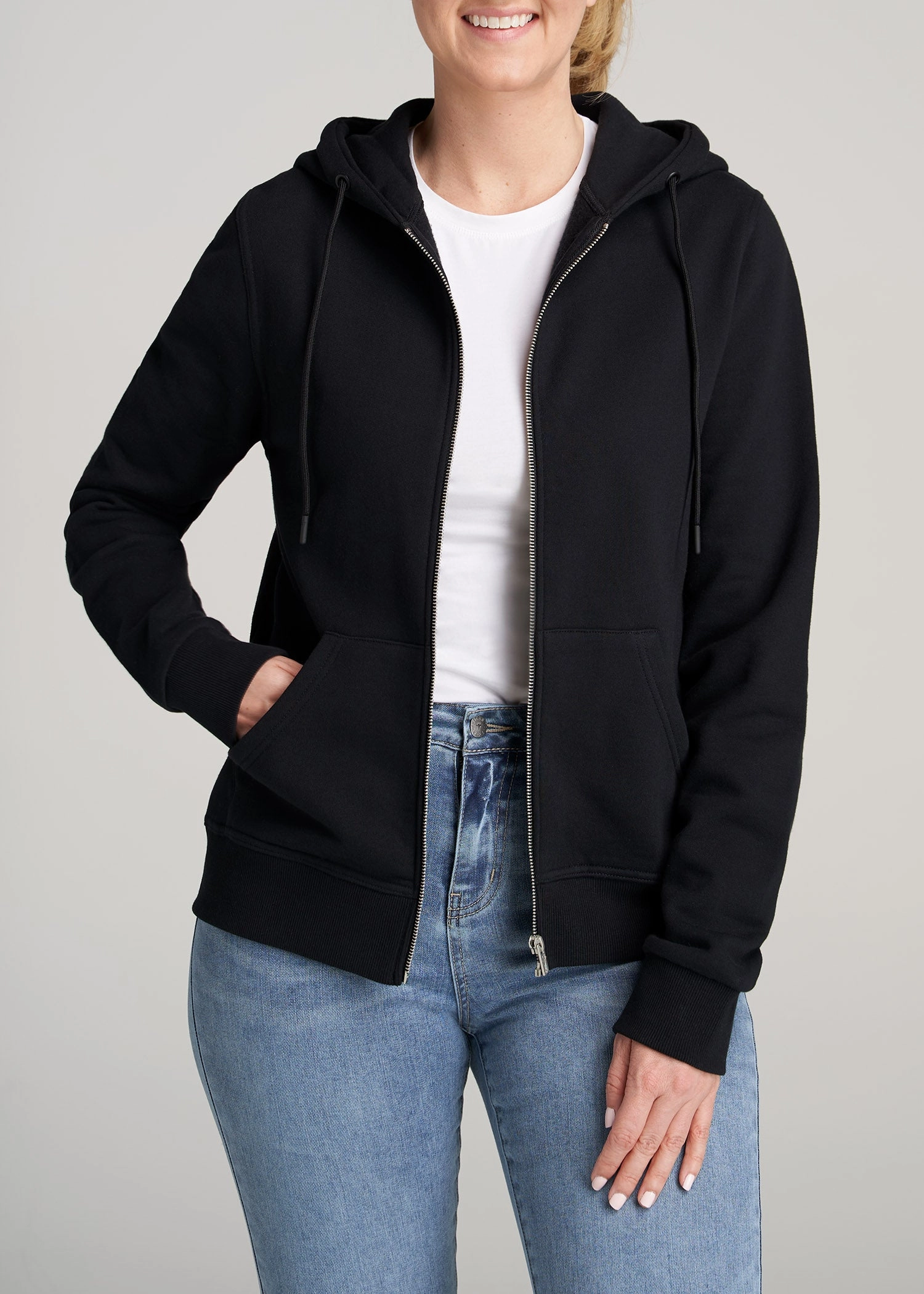 Wearever Fleece Full-Zip Women's Tall Hoodie in Black Modern Minimal goes with sweatpants
