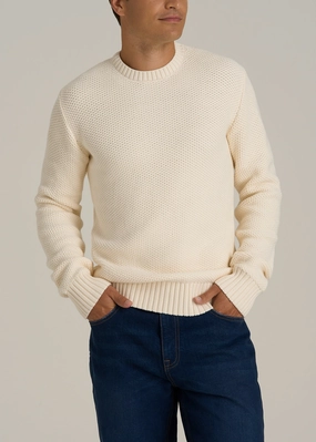 Chunky Knit Textured Crewneck Sweater for Tall Men in Natural Youth Style Street Layer