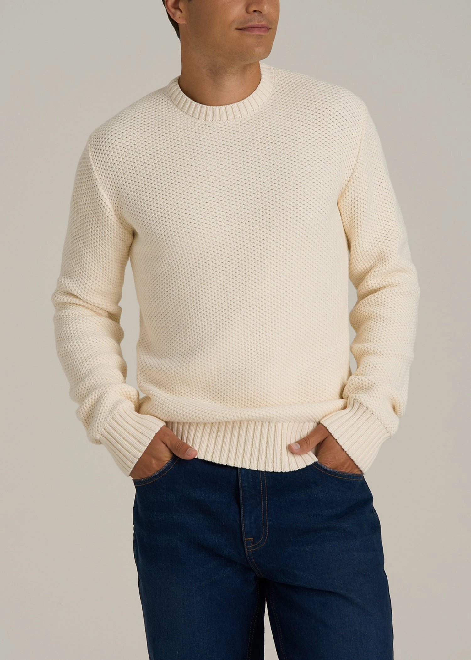 Handmade Chunky Knit Textured Crewneck Sweater for Tall Men in Natural
