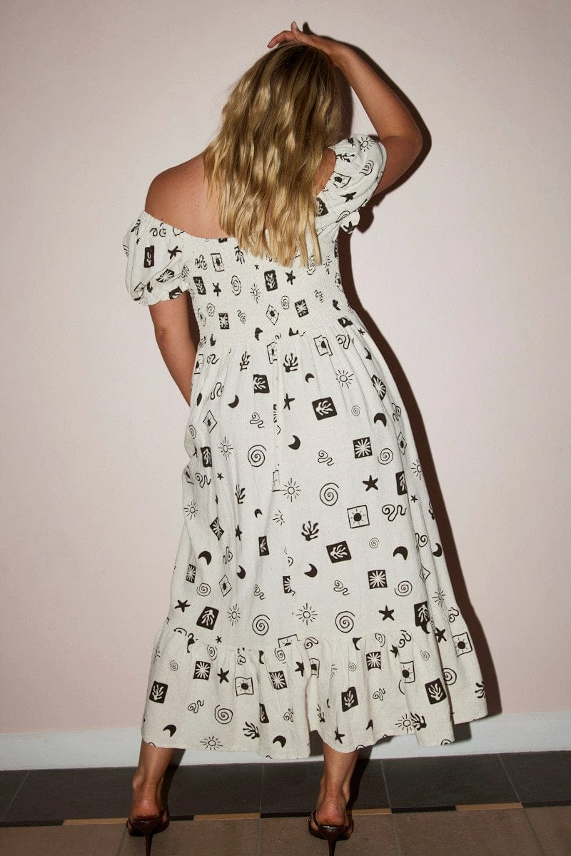 Beige Abstract Midi Dress Short Sleeve Ruched Bust Must Have