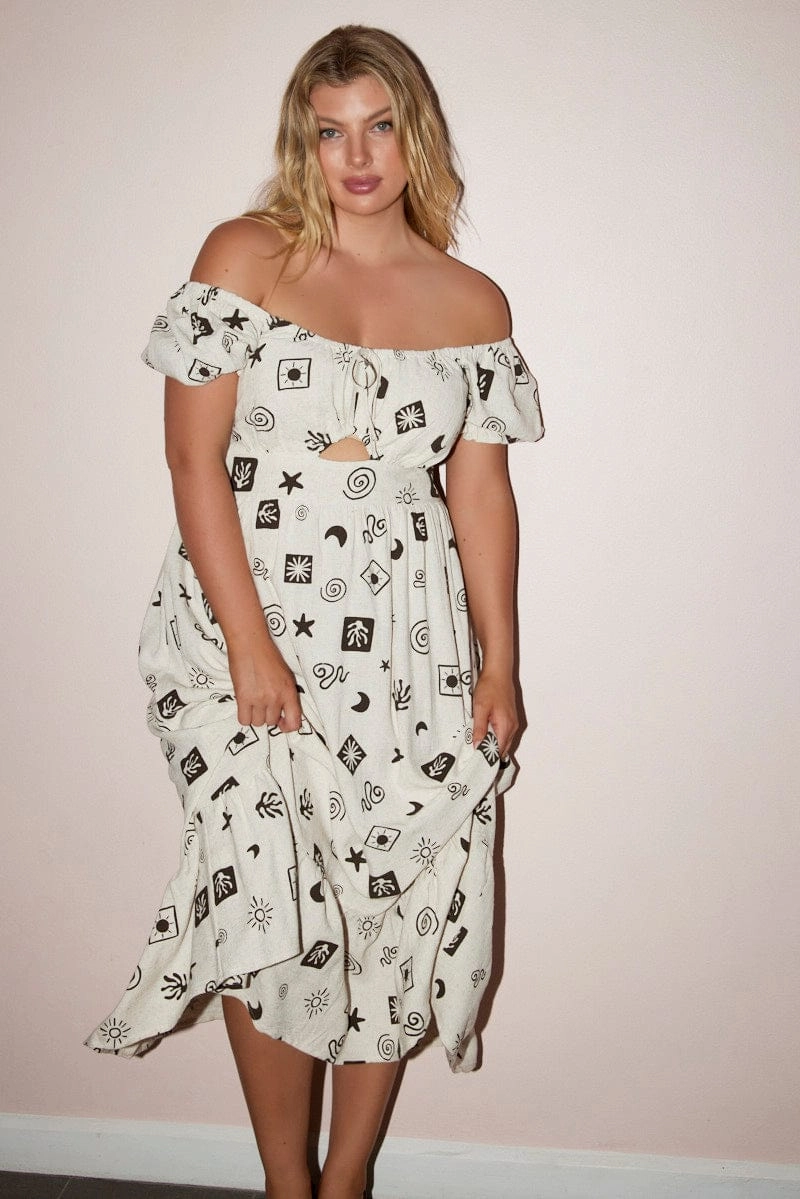 Travel-friendly Travel Staple Beige Abstract Midi Dress Short Sleeve Ruched Bust