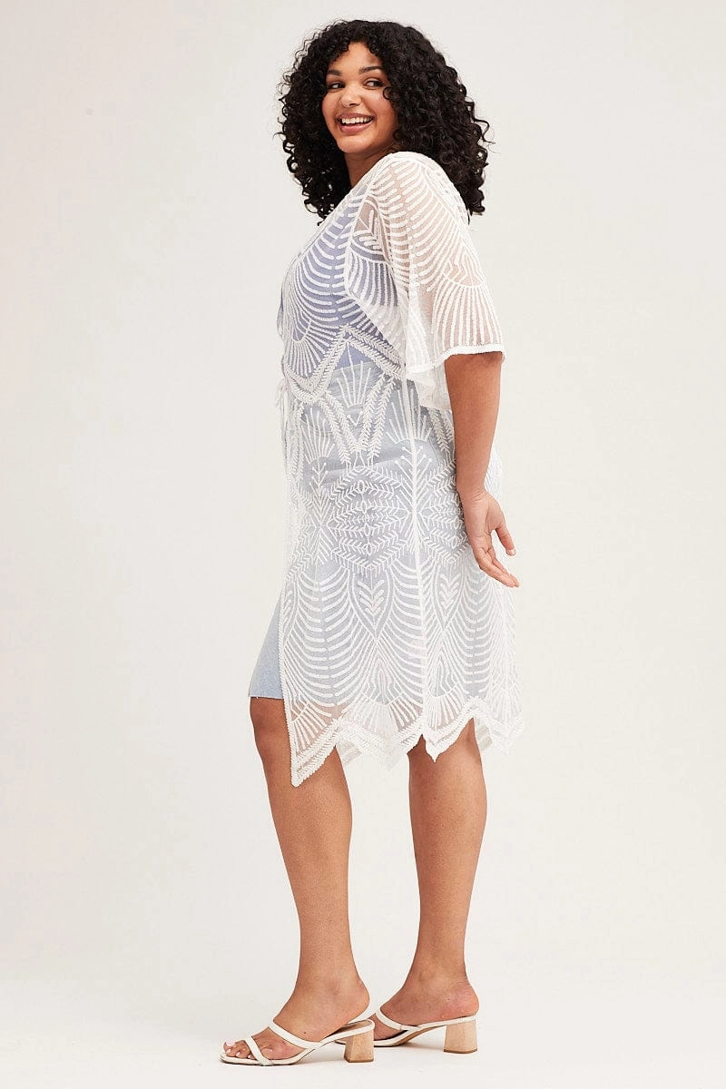 White Long Sleeve Crochet Oversized Cardigan Insulated Lining
