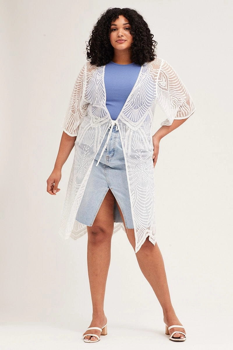 WrinkleFreeFinish White Long Sleeve Crochet Oversized Cardigan