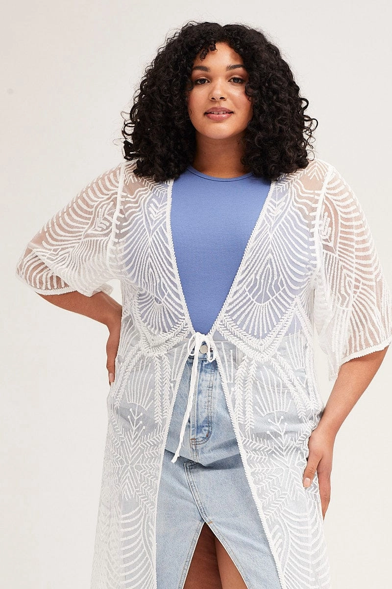 Heavyweight Warmth Eco Friendly Construction White Long Sleeve Crochet Oversized Cardigan