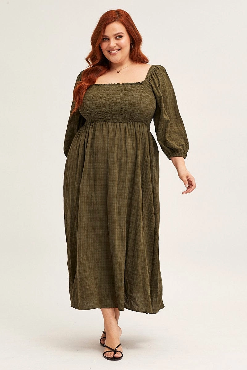 Green 3/4 Sleeve Shirred Midi Dress Bold Mood Air Comfort