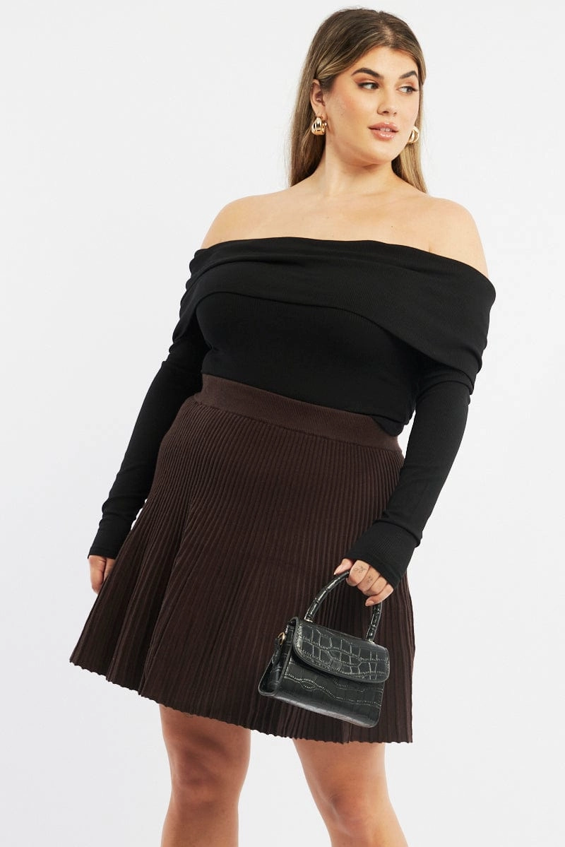 Brown Knee Skirt Knit Flare Dance Practice Simple Comfort