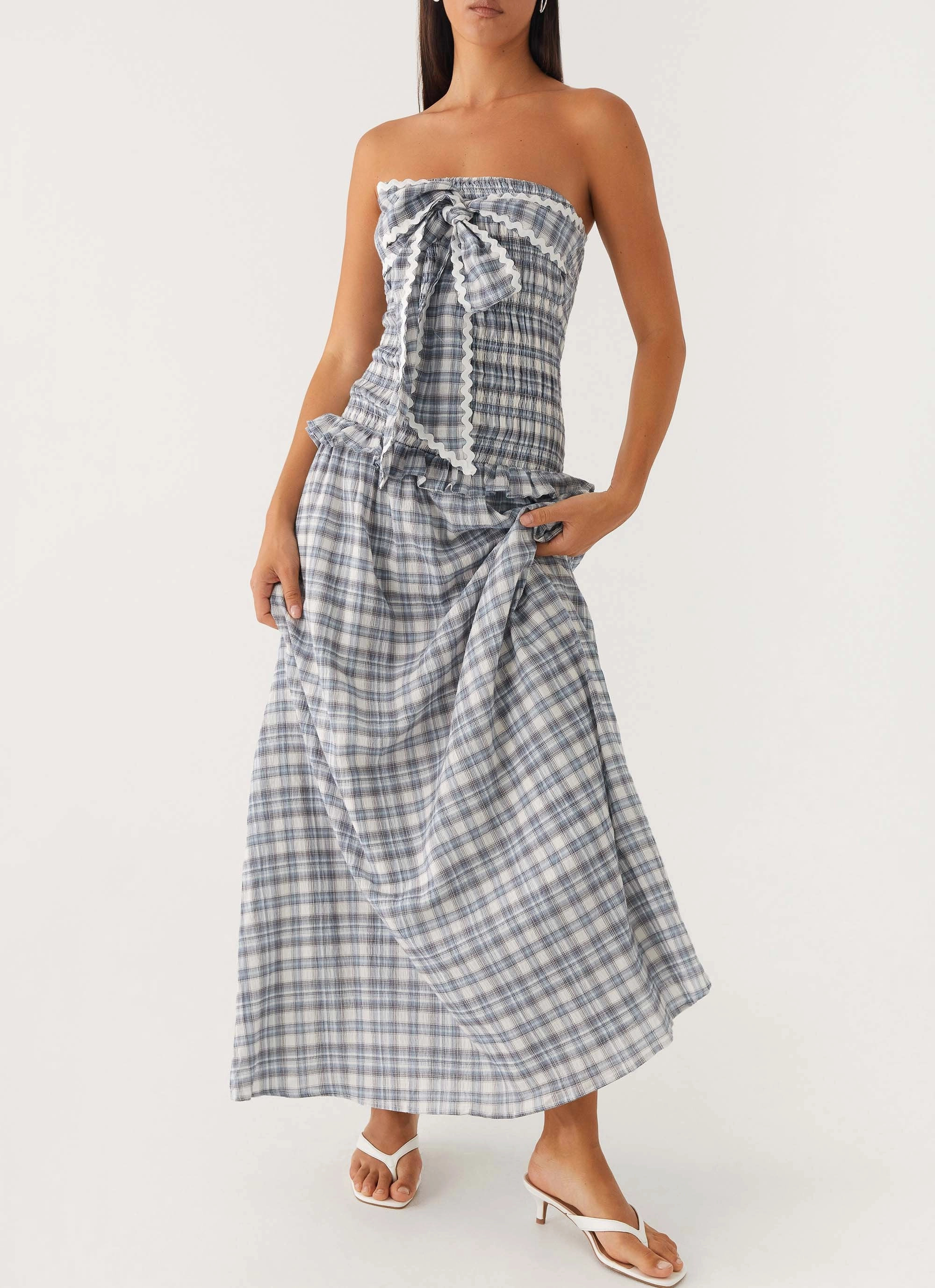 Easy Pairing Slim Shape Malia Shirred Maxi Dress - Blue Grey Check
