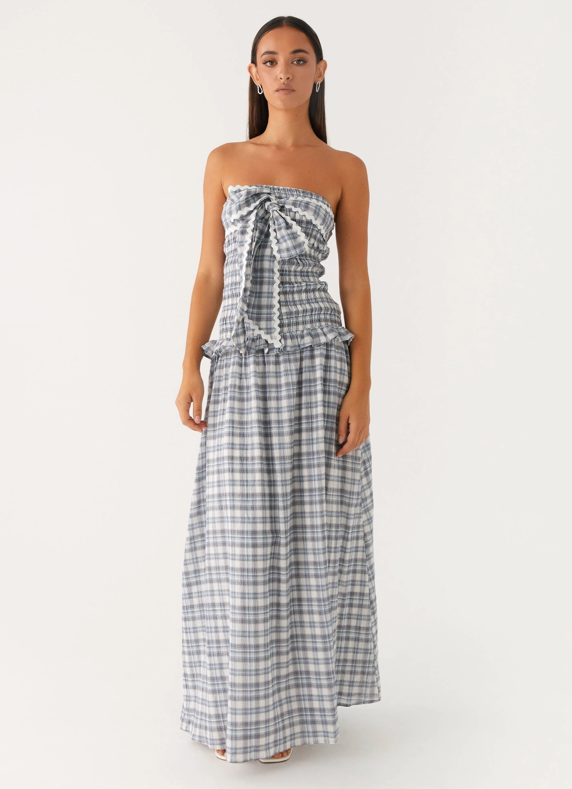 Work Look Malia Shirred Maxi Dress - Blue Grey Check