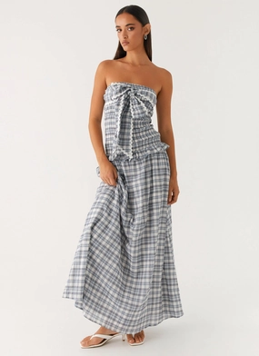 All Day Malia Shirred Maxi Dress - Blue Grey Check