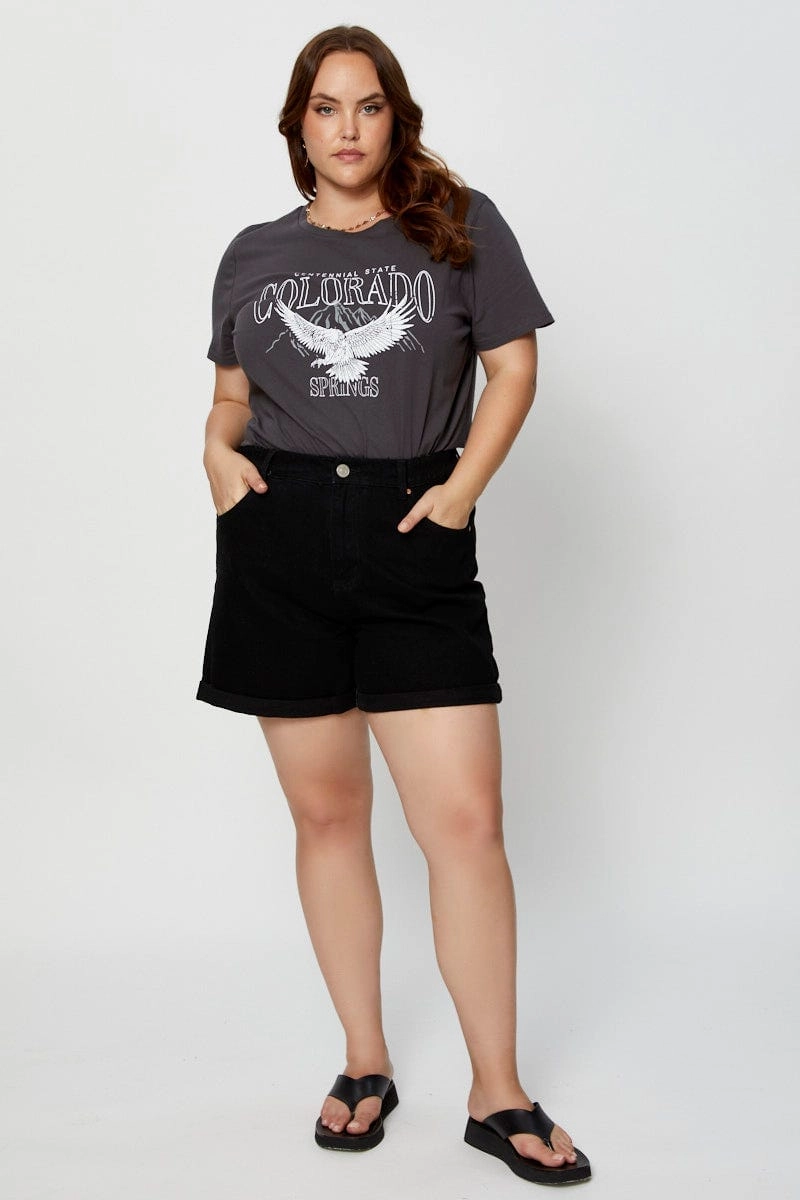 Grey Graphic T-shirt Crew Neck Short Sleeve Cotton soft look
