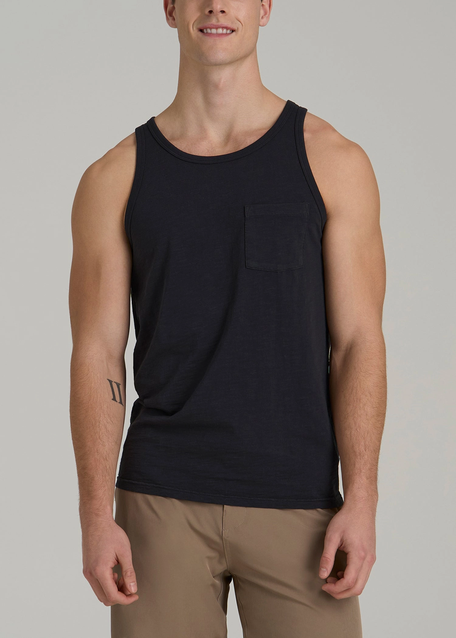 NonChafeCollarTech Comfy Style Garment Dyed Slub Pocket Tall Men's Tank Top in Black