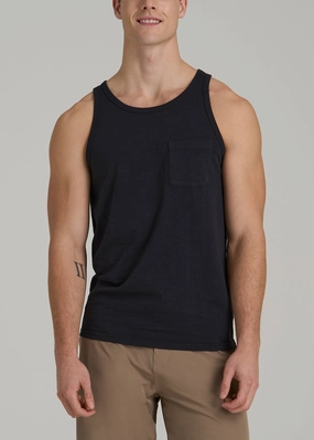 Garment Dyed Slub Pocket Tall Men's Tank Top in Black UV Protective Layer Non Iron Fabric