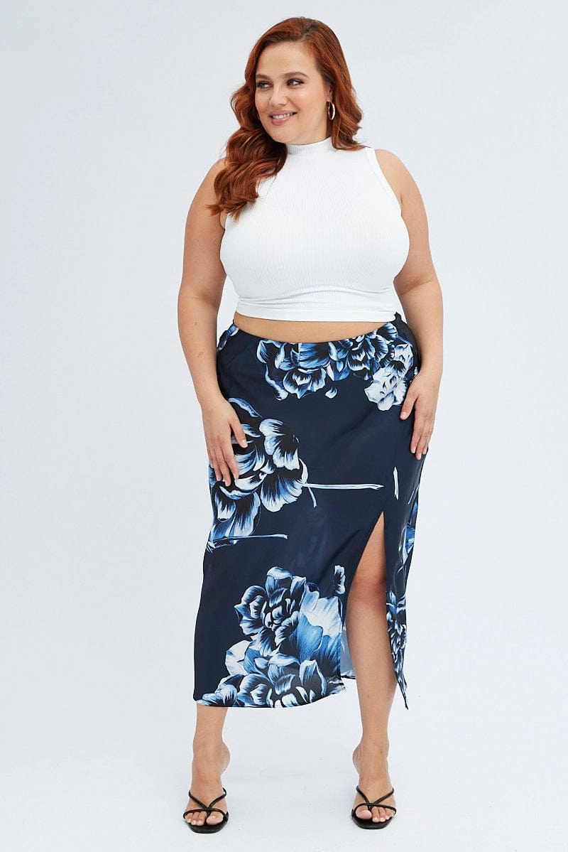 Washable fabric Festival Outfit Blue Abstract Midi Skirt Split Satin Floral