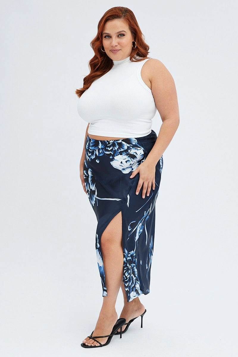 Clean Style Quick Wear Blue Abstract Midi Skirt Split Satin Floral