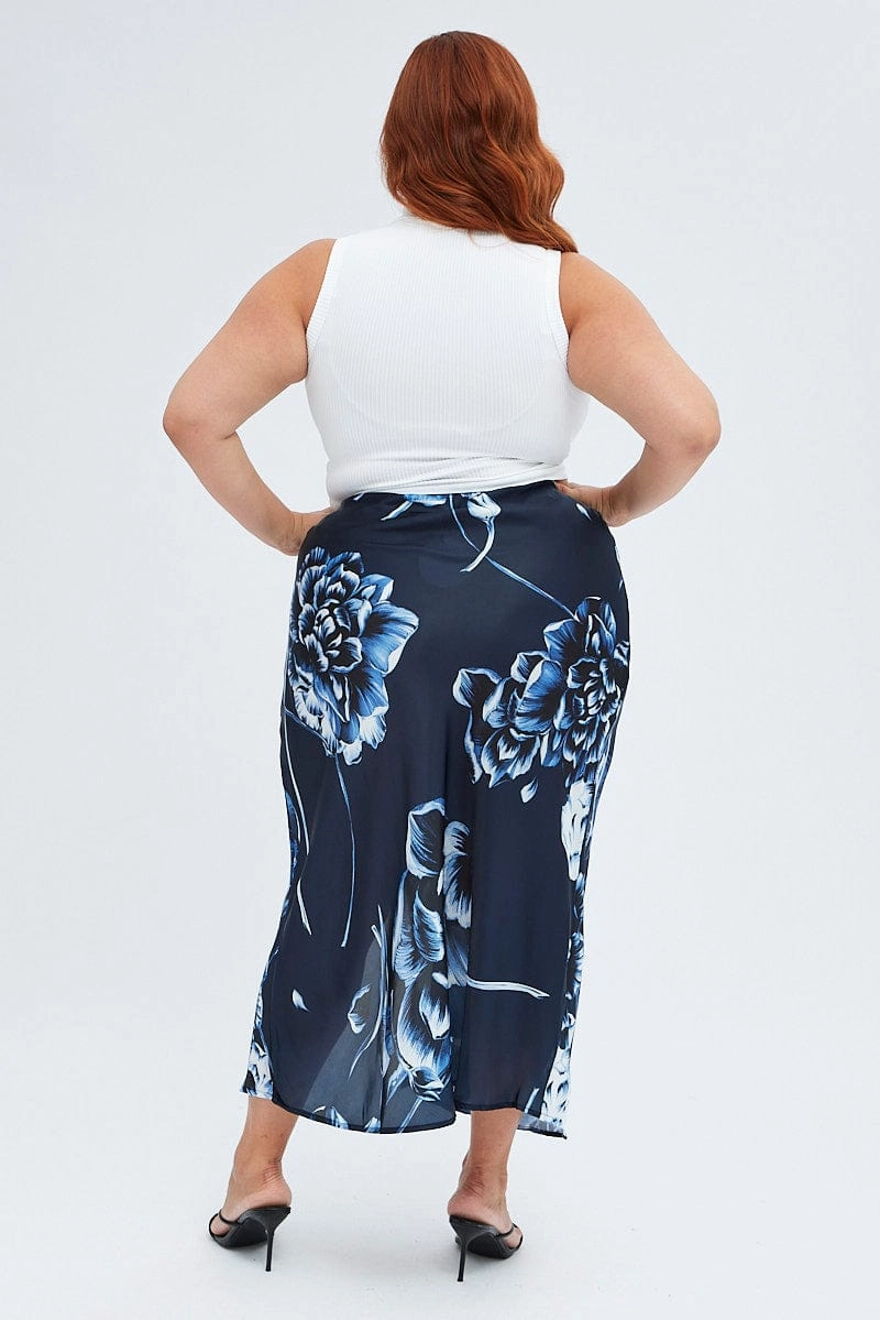Blue Abstract Midi Skirt Split Satin Floral Non Restrictive Fit Tear Resistant