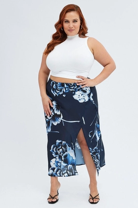 Blue Abstract Midi Skirt Split Satin Floral Bold Print