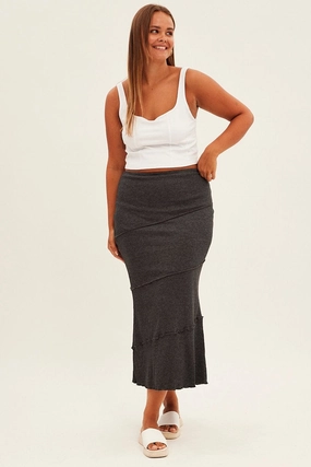 Grey Maxi Skirt Asymmetric Rib Celebrity Style Hidden Zipper