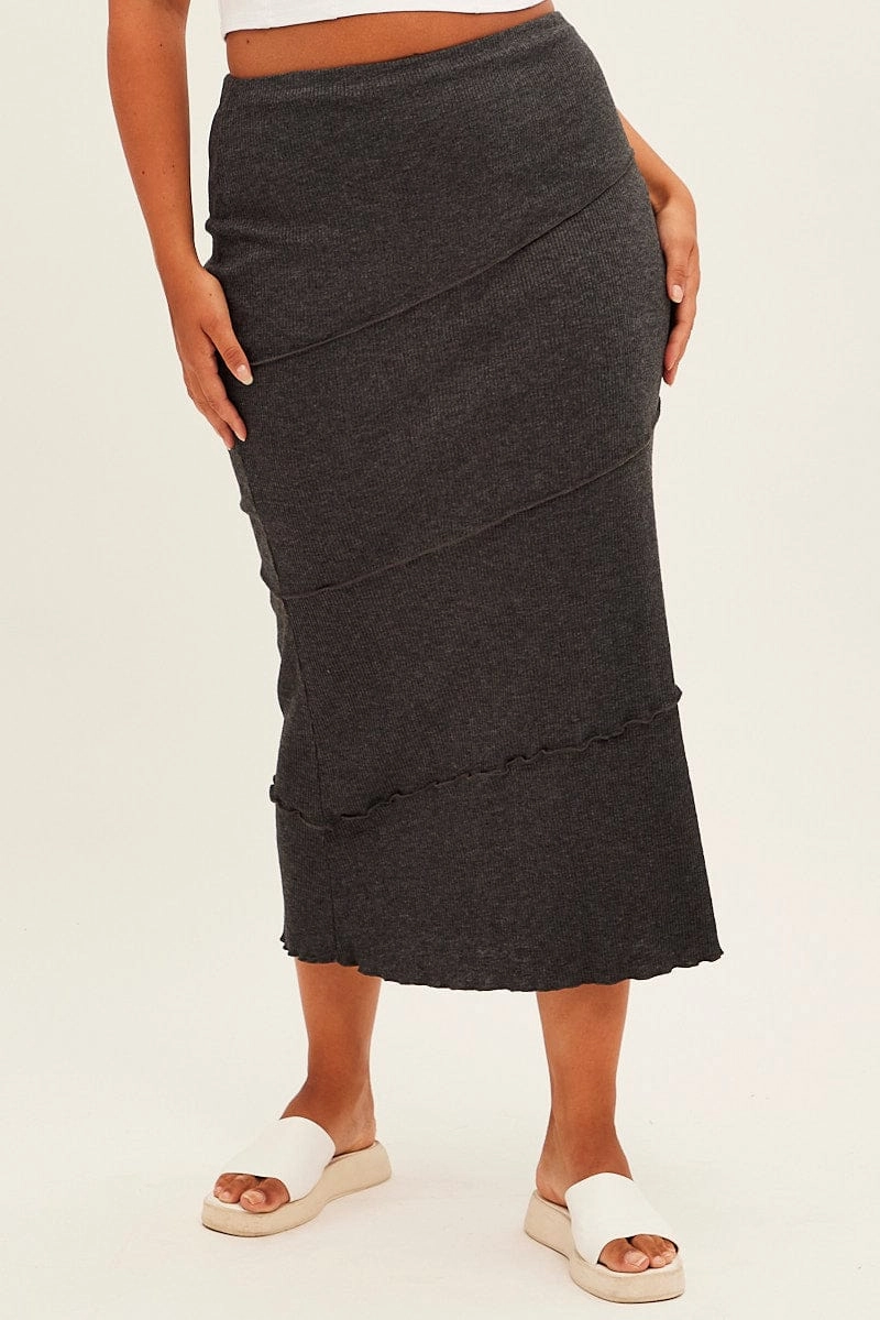 Fade Resistant Cloth Grey Maxi Skirt Asymmetric Rib