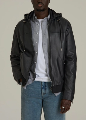 ReinforcedSeams Genuine Leather Hooded Bomber for Tall Men in Black