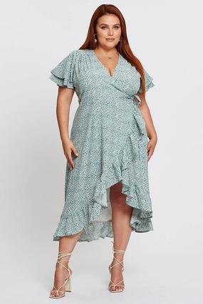 Geo Print Midi Dress Short Sleeve Ruffle Hem Delicate Tone Urban Light
