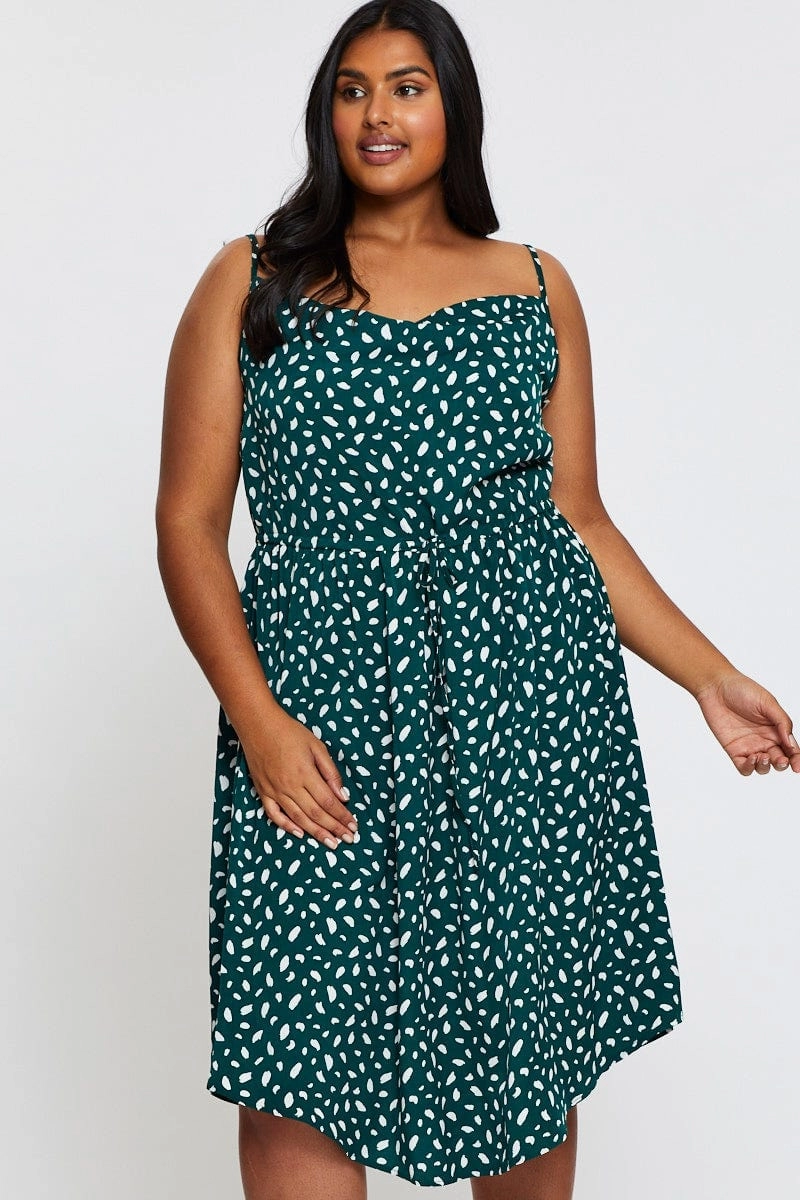 Office Glam Geo Print Midi Satin Dress Cowl Neck Sleeveless
