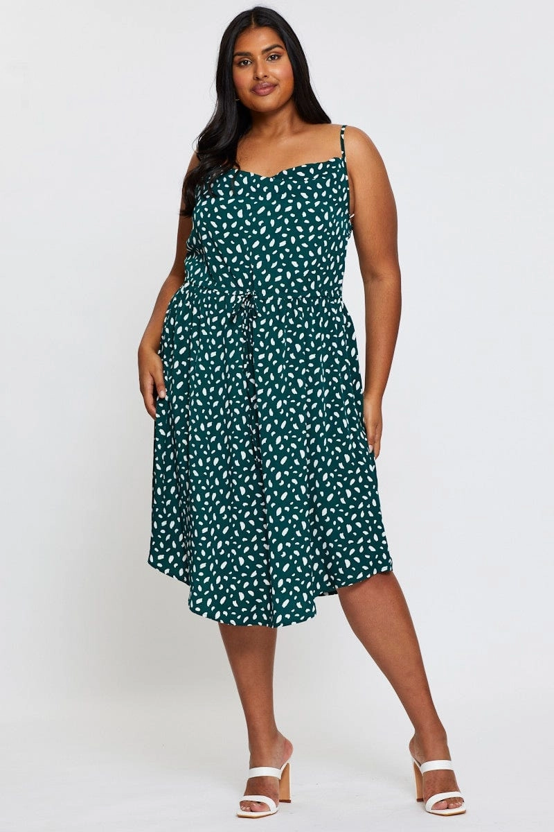 Office Fit Side Slit Geo Print Midi Satin Dress Cowl Neck Sleeveless