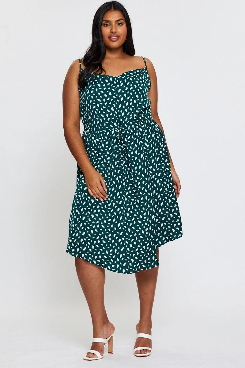 Geo Print Midi Satin Dress Cowl Neck Sleeveless Cloud Light