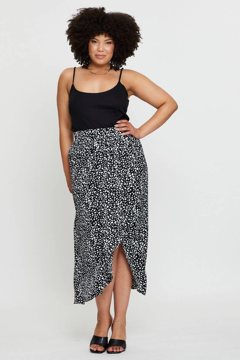 Geo Print Midi Skirt Ruchedd Mix Texture Clean Style