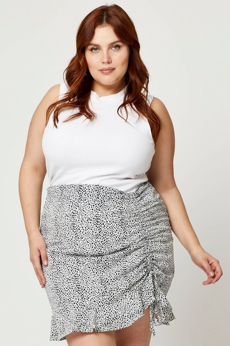 Geo Print Plus Side Tie Ruched Skirt Casual Comfort