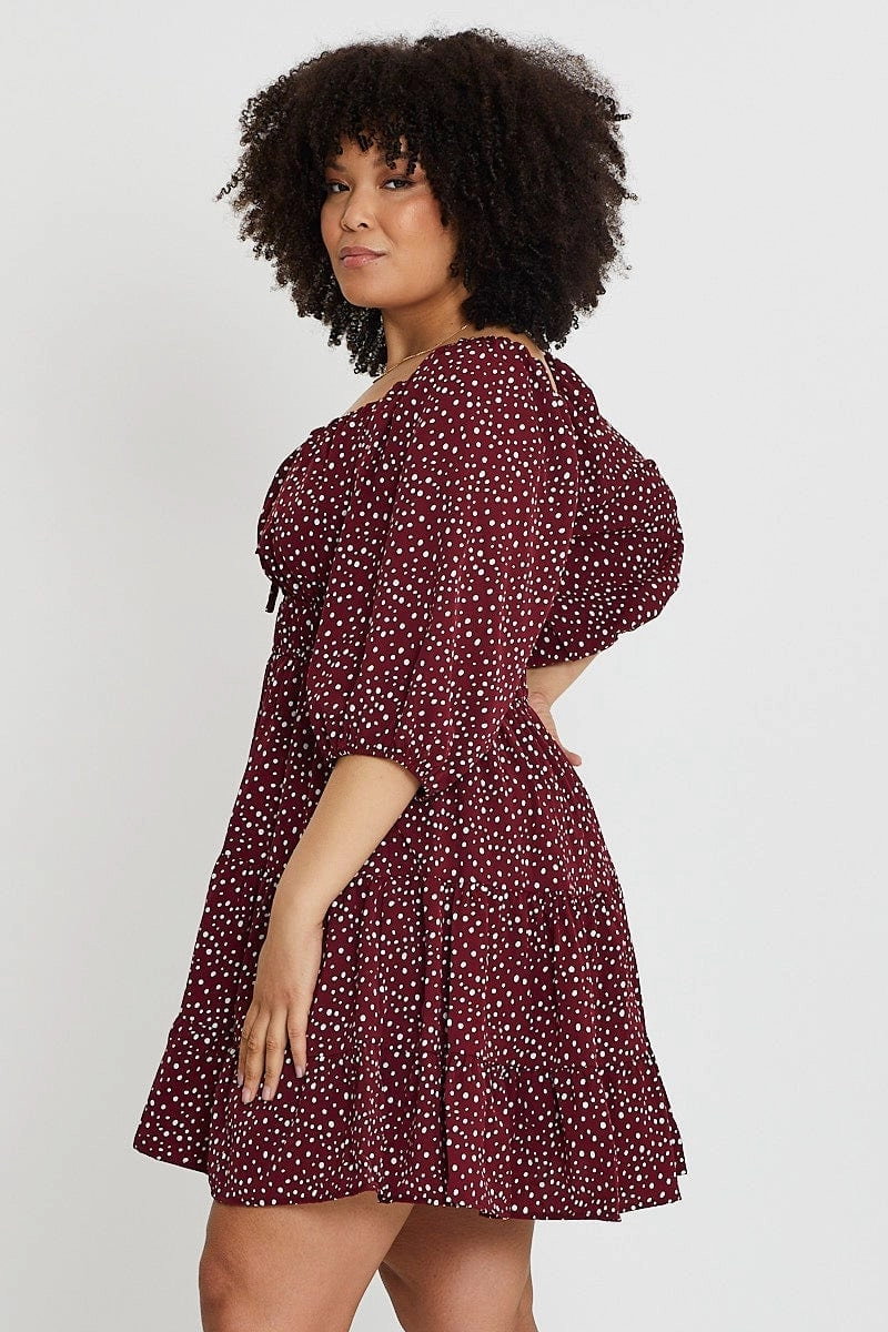 Soft Texture Geo Print Skater Dress Sweetheart Long Sleeve Tie
