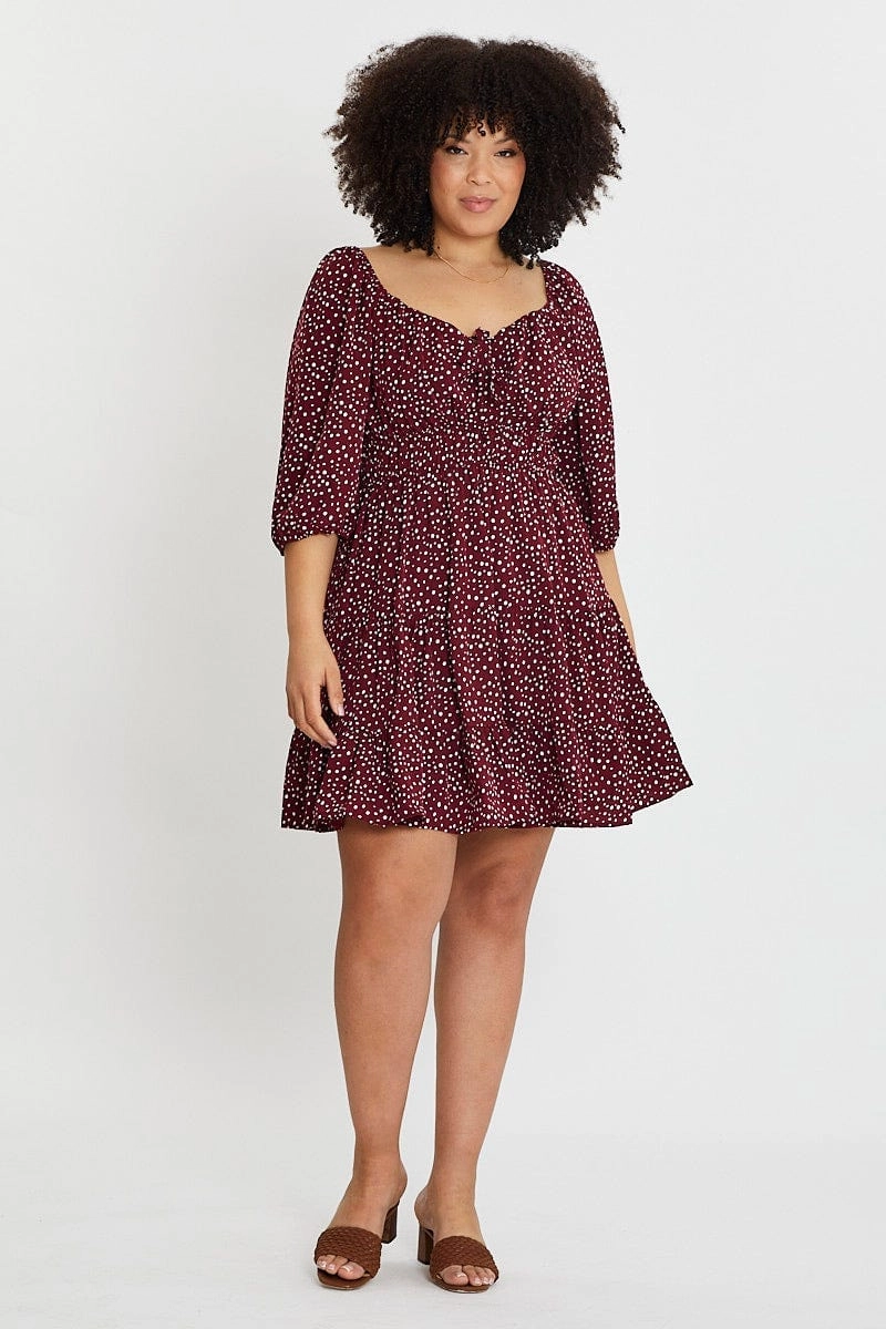 Perfect for Layering Geo Print Skater Dress Sweetheart Long Sleeve Tie