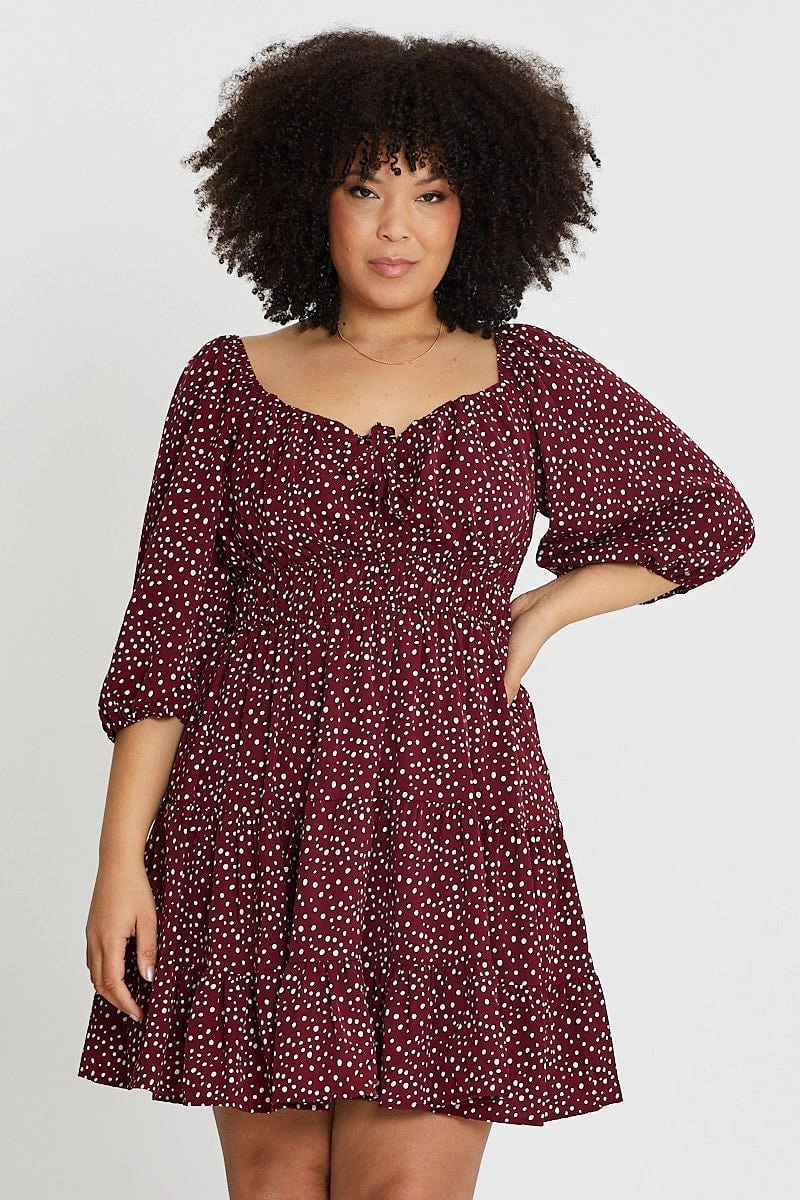 Collared Geo Print Skater Dress Sweetheart Long Sleeve Tie