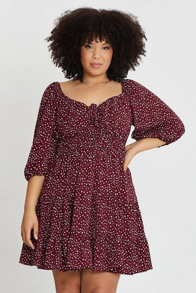 Collared Geo Print Skater Dress Sweetheart Long Sleeve Tie