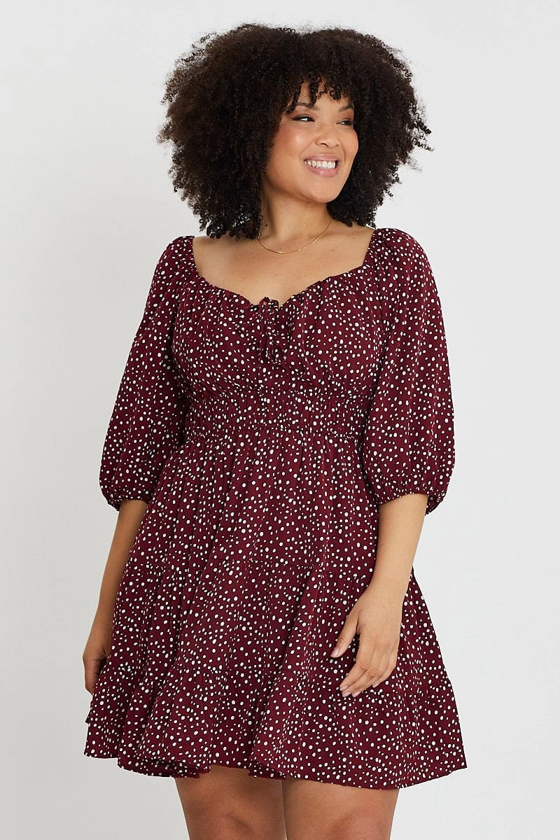 Daily Wear Modern Lines Geo Print Skater Dress Sweetheart Long Sleeve Tie