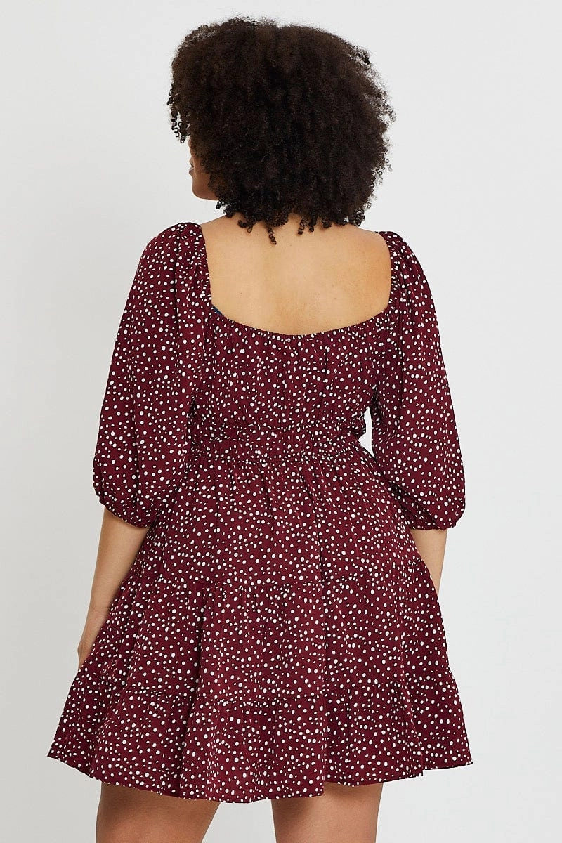 Geo Print Skater Dress Sweetheart Long Sleeve Tie Smooth-Finish