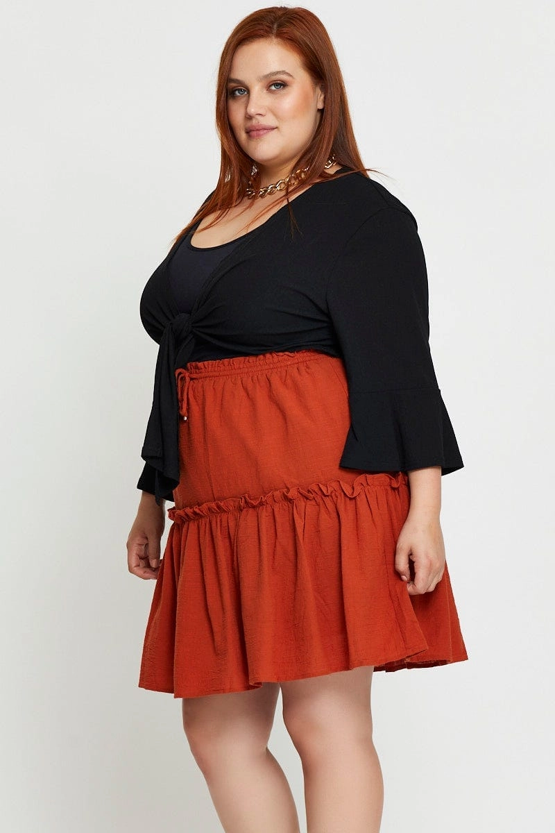 Style Fusion Brown Mini Skater Skirt Clay Elastic Waist
