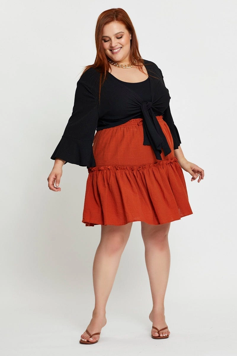 Polished Cut Edgy Look Brown Mini Skater Skirt Clay Elastic Waist