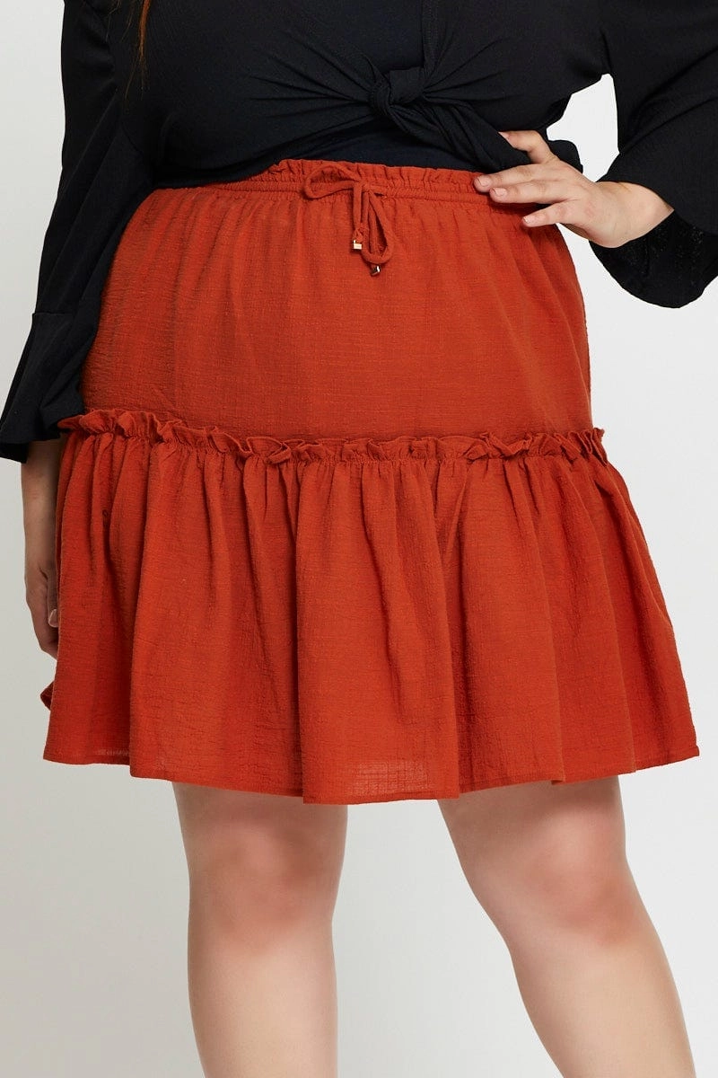 Brown Mini Skater Skirt Clay Elastic Waist Seamless construction