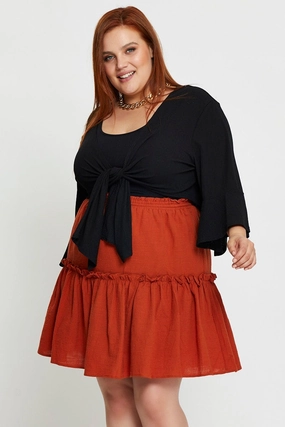 Brown Mini Skater Skirt Clay Elastic Waist Seamless Design Mood Outfitboard