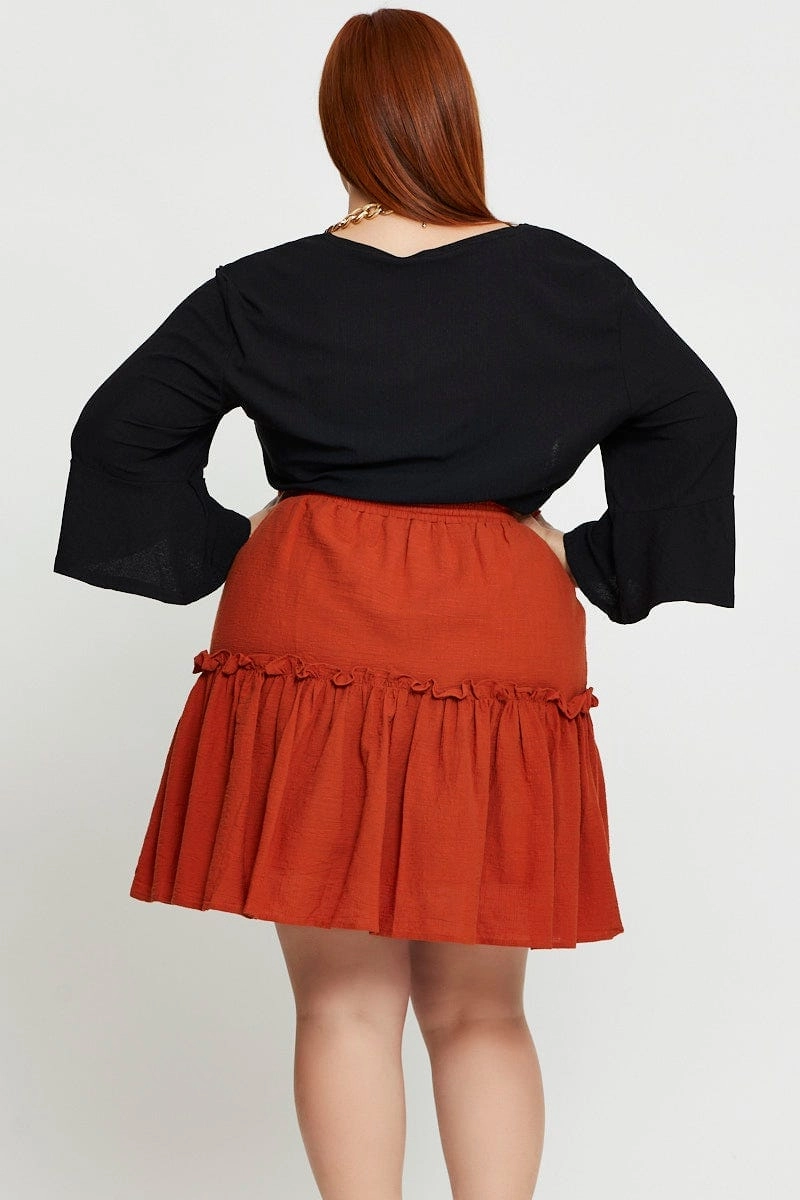 Brown Mini Skater Skirt Clay Elastic Waist Soft Mood