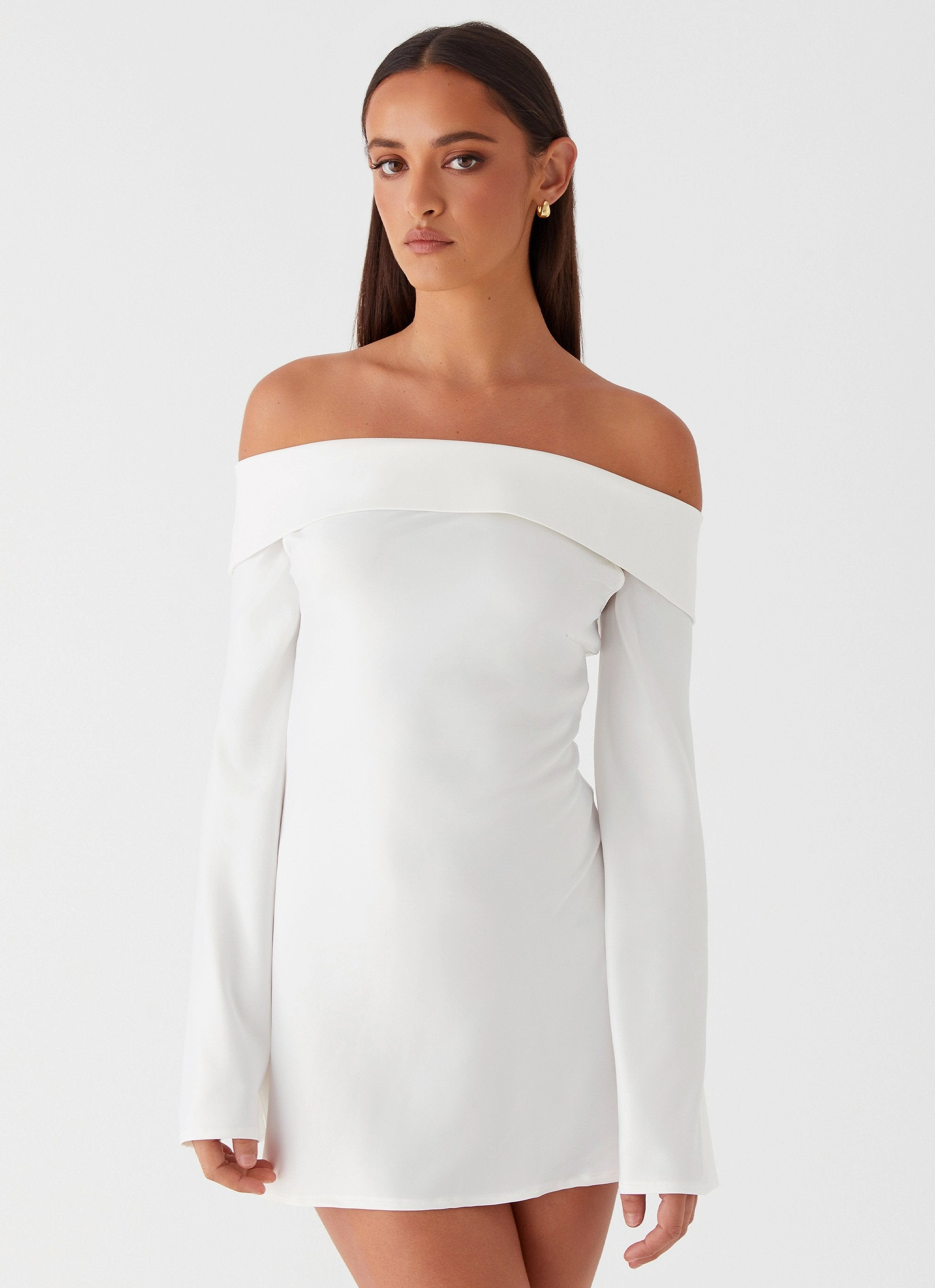Modern Waist Design Lumina Long Sleeve Mini Dress - White