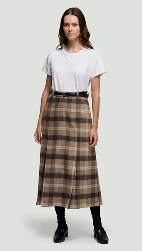 Quick Dry Technology Subtle Detail Godet Skirt in Wool | Brown Plaid