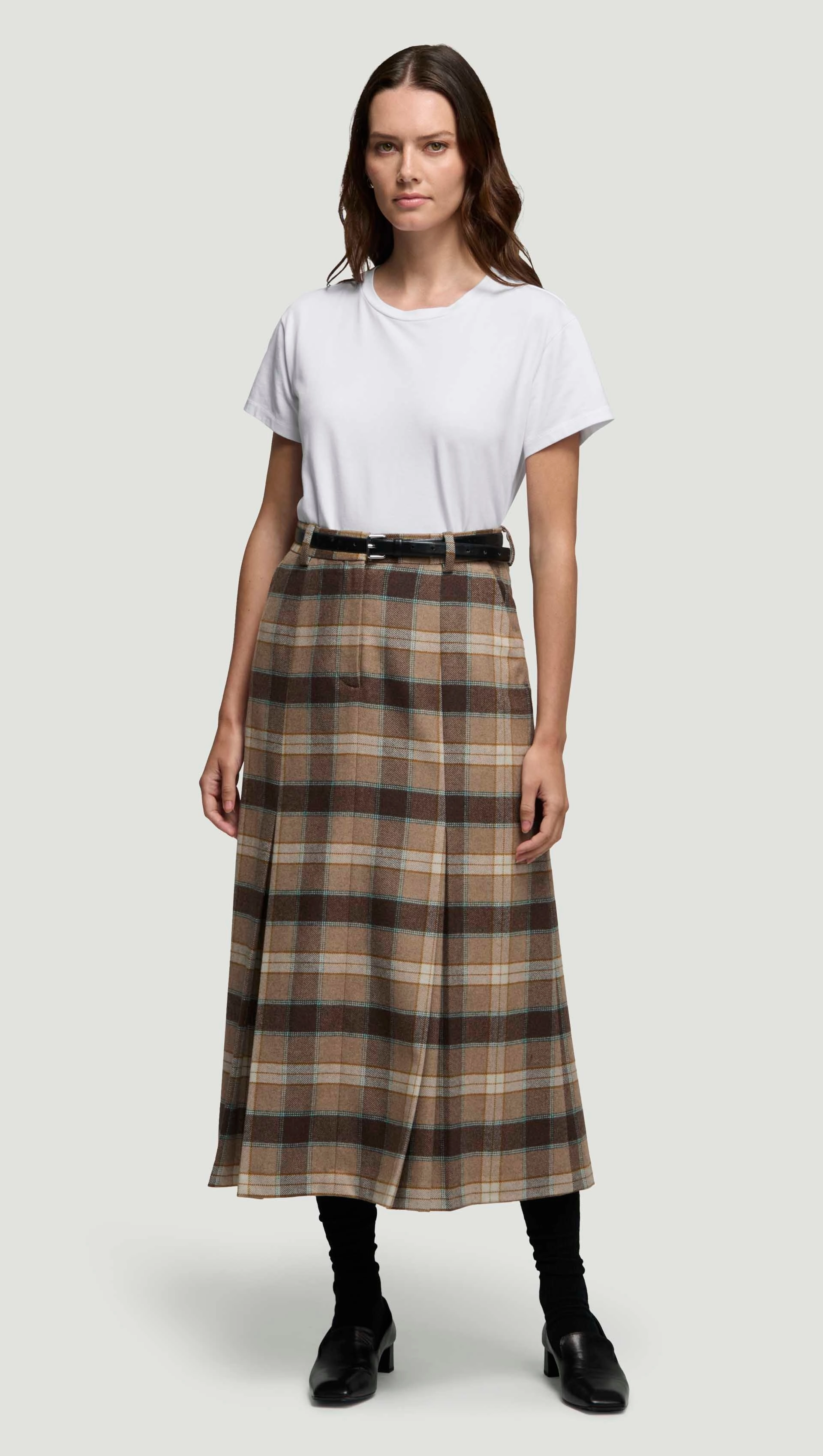 Godet Skirt in Wool | Brown Plaid Soft Texture Easy Layer