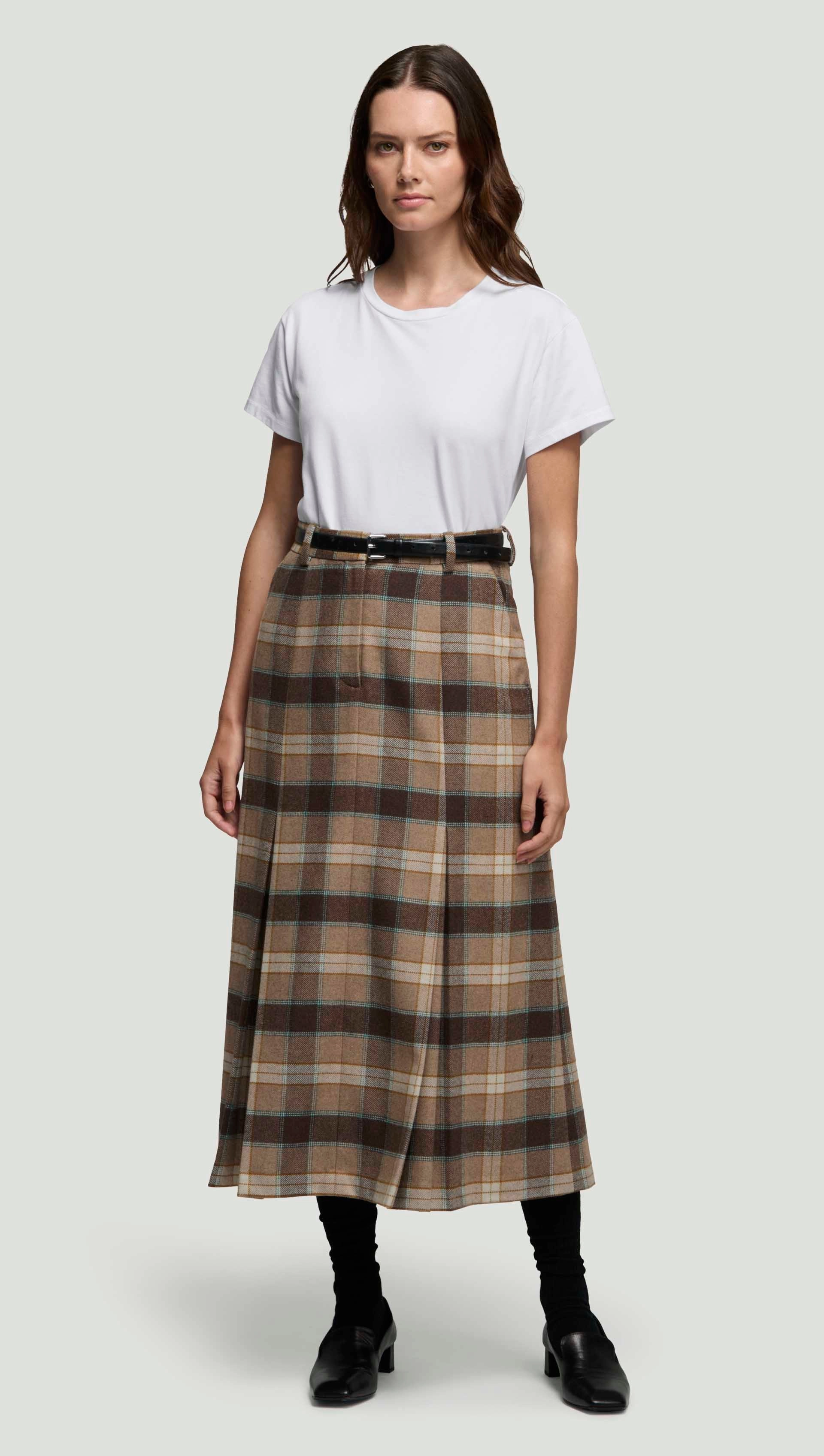 Godet Skirt in Wool | Brown Plaid Pull On Style City Tones