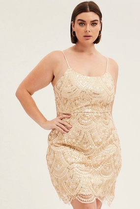 Comfortable Wear Clean Flow Gold Mini Dress Shoestring Strap Scalloped Hem Sequin