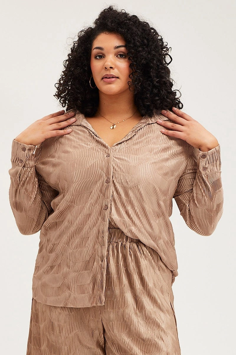 Pastel Shade Chic Wardrobe Gold Oversized Shirt Plisse Long Sleeve