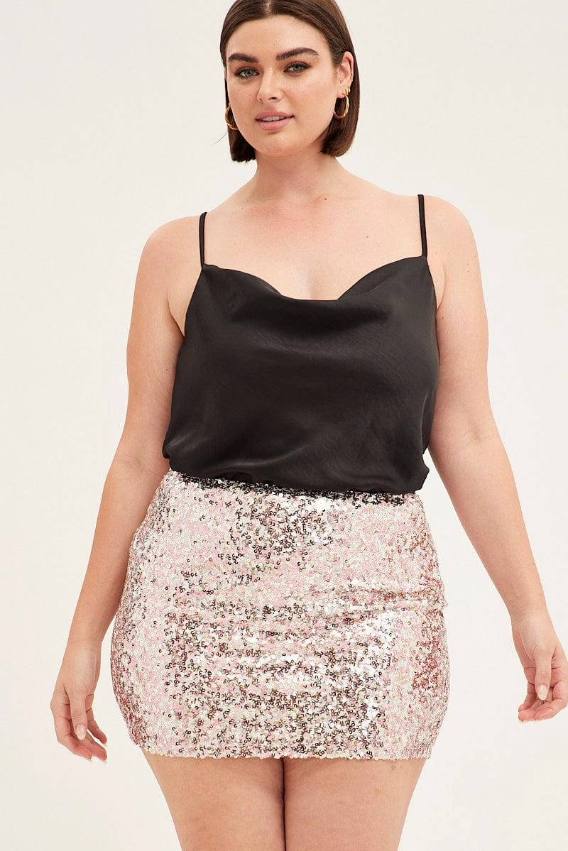 Gold Sequin Mini Skirt Contrast Panel Shirred Back