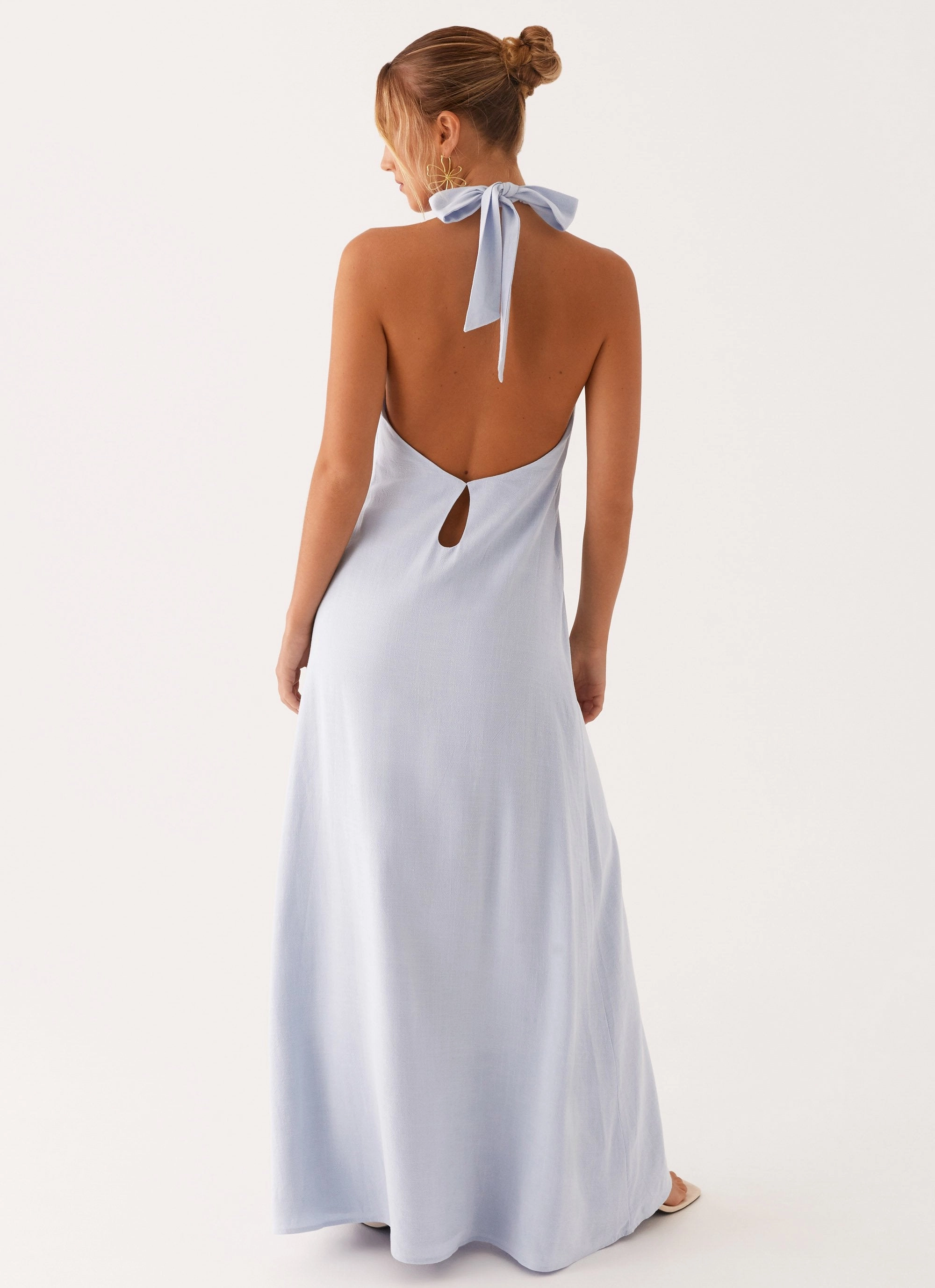 Golden Child Linen Maxi Dress - Blue V-Neck Off-Shoulder